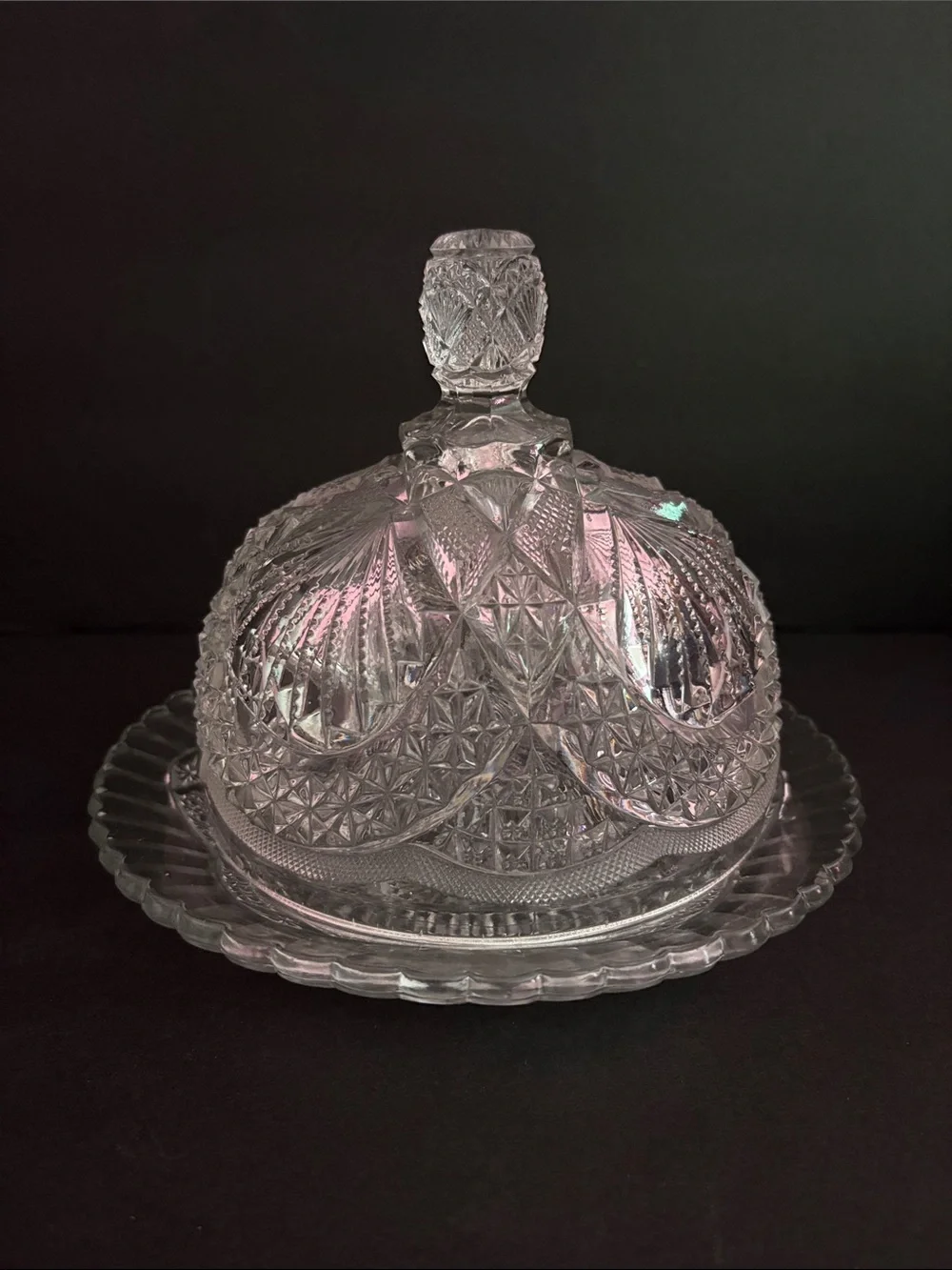 Antique Early American Pressed Glass Hobstar Domed Butter / Cheese Dish